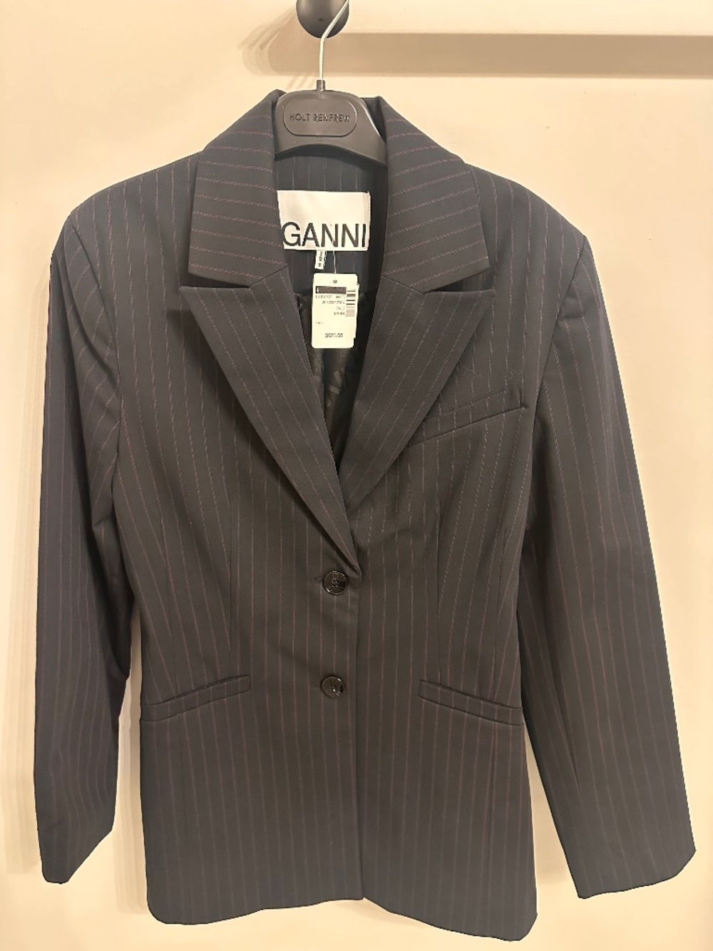 GANNI Black Pinstripe Tailored Blazer Size 6 NWT $625